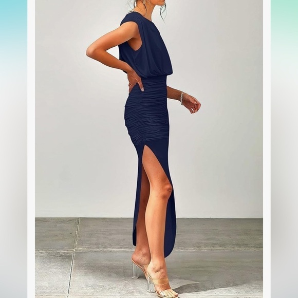 NWT Summer Sleeveless Ruch Bodycon HighWaist Asymmetric Slit Cocktail Maxi Dress - Picture 6 of 8